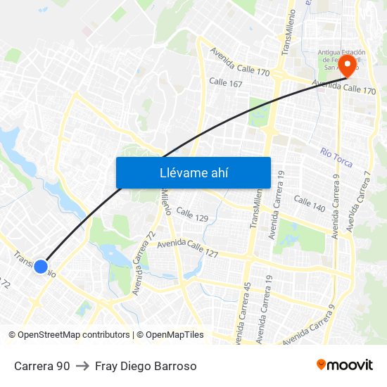 Carrera 90 to Fray Diego Barroso map
