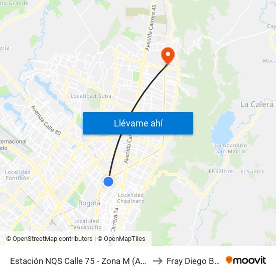 Estación NQS Calle 75 - Zona M (Av. NQS - Cl 75) to Fray Diego Barroso map