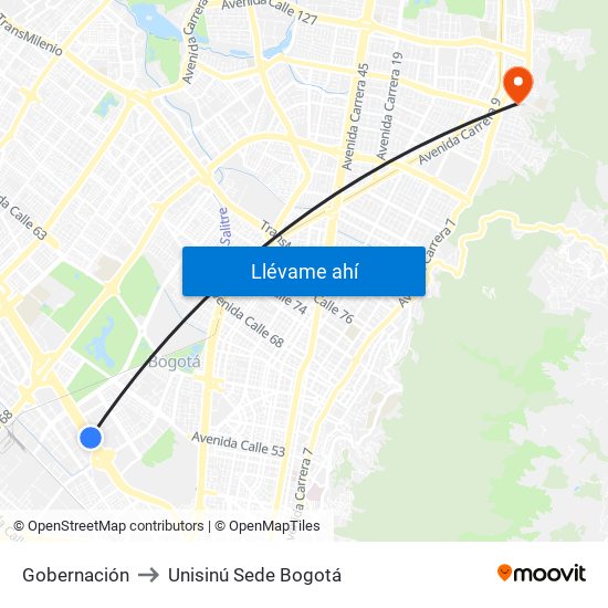 Gobernación to Unisinú Sede Bogotá map