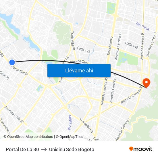 Portal De La 80 to Unisinú Sede Bogotá map