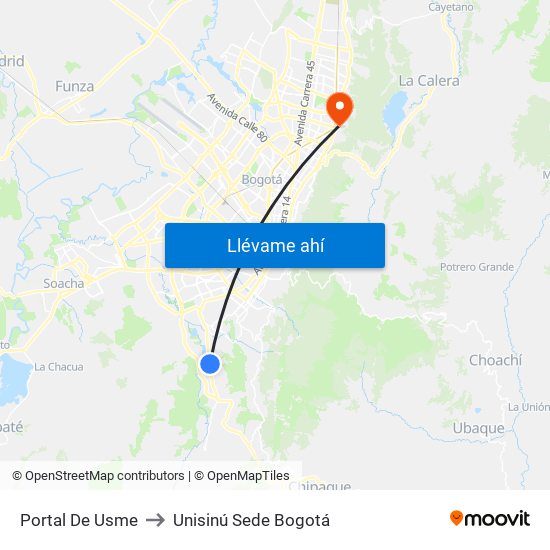 Portal De Usme to Unisinú Sede Bogotá map