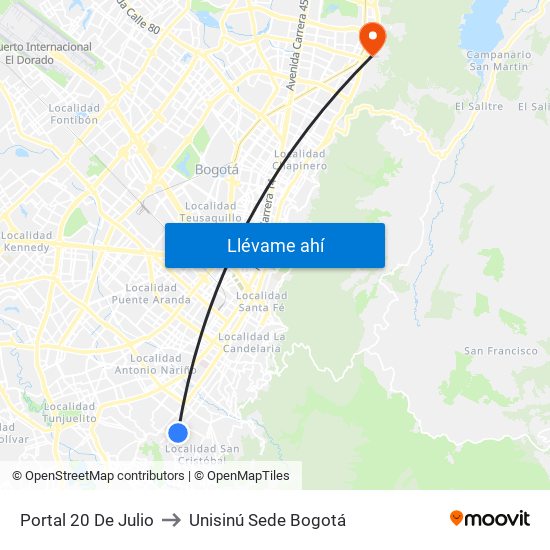 Portal 20 De Julio to Unisinú Sede Bogotá map