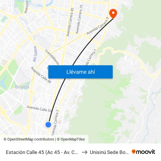 Estación Calle 45 (Ac 45 - Av. Caracas) to Unisinú Sede Bogotá map