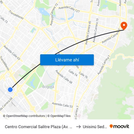 Centro Comercial Salitre Plaza (Av. La Esperanza - Kr 68b) to Unisinú Sede Bogotá map