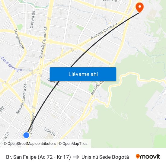 Br. San Felipe (Ac 72 - Kr 17) to Unisinú Sede Bogotá map
