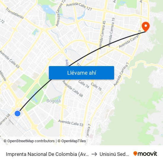 Imprenta Nacional De Colombia (Av. Esperanza - Kr 66) to Unisinú Sede Bogotá map