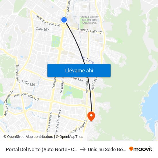 Portal Del Norte (Auto Norte - Cl 174a) to Unisinú Sede Bogotá map