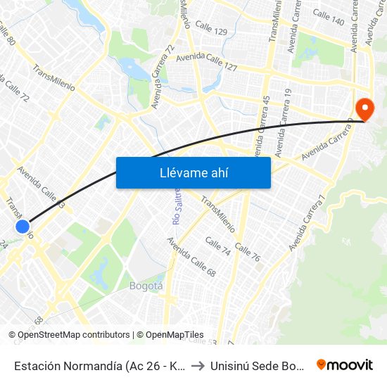 Estación Normandía (Ac 26 - Kr 74) to Unisinú Sede Bogotá map