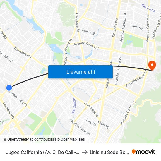 Jugos California (Av. C. De Cali - Ac 63) to Unisinú Sede Bogotá map