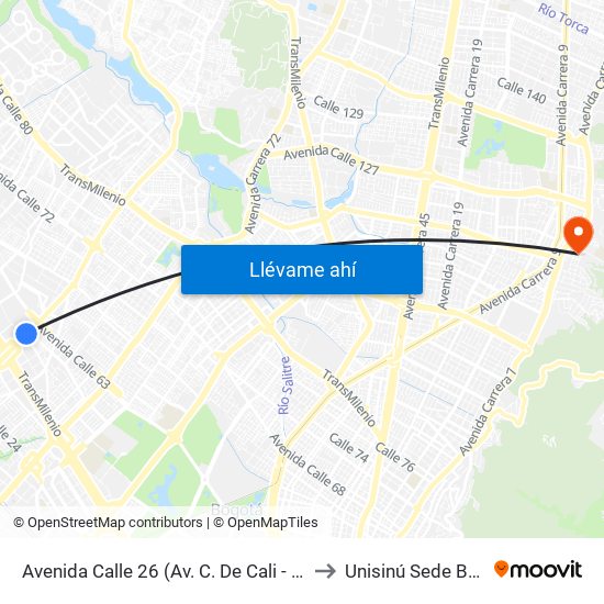 Avenida Calle 26 (Av. C. De Cali - Cl 51) (A) to Unisinú Sede Bogotá map