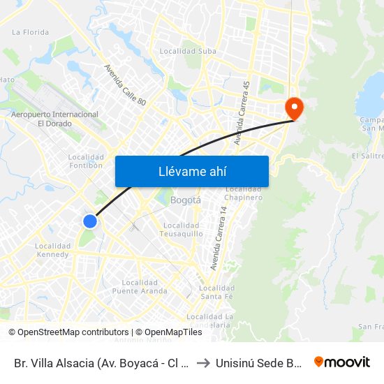 Br. Villa Alsacia (Av. Boyacá - Cl 12a) (A) to Unisinú Sede Bogotá map