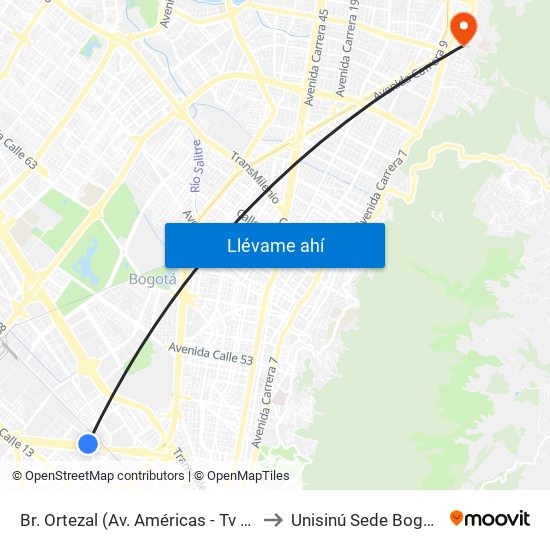 Br. Ortezal (Av. Américas - Tv 39) to Unisinú Sede Bogotá map
