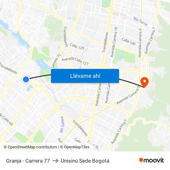 Granja - Carrera 77 to Unisinú Sede Bogotá map