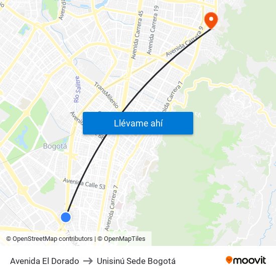 Avenida El Dorado to Unisinú Sede Bogotá map