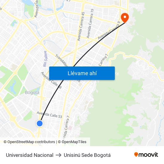 Universidad Nacional to Unisinú Sede Bogotá map