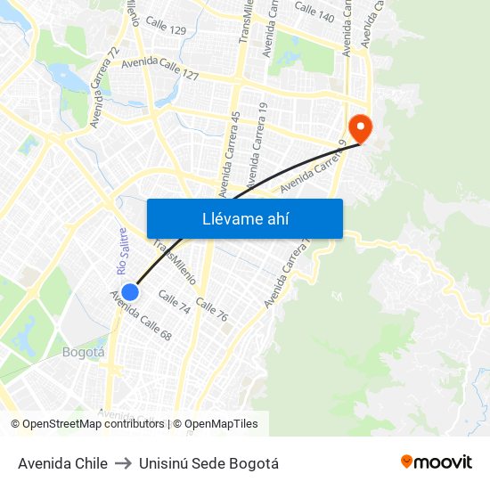 Avenida Chile to Unisinú Sede Bogotá map