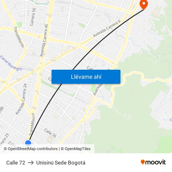 Calle 72 to Unisinú Sede Bogotá map