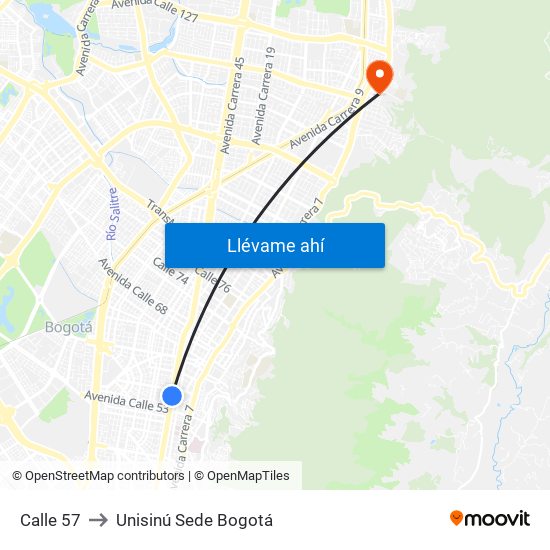 Calle 57 to Unisinú Sede Bogotá map