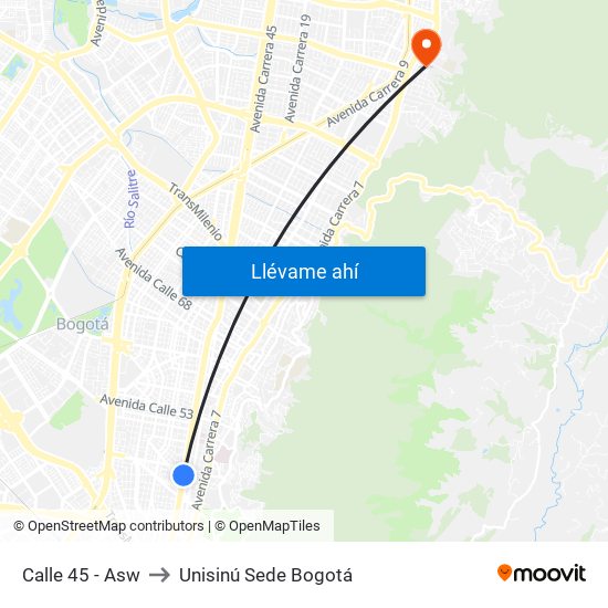 Calle 45 - Asw to Unisinú Sede Bogotá map