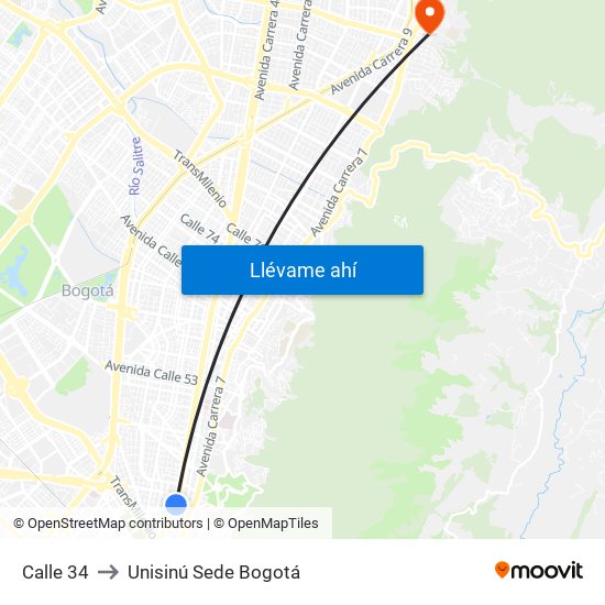 Calle 34 to Unisinú Sede Bogotá map