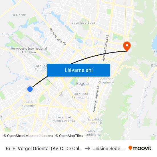 Br. El Vergel Oriental (Av. C. De Cali - Cl 10b) (A) to Unisinú Sede Bogotá map