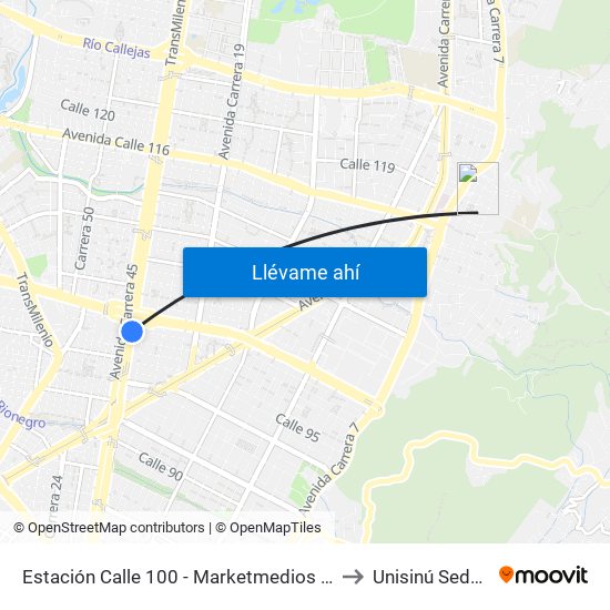 Estación Calle 100 - Marketmedios (Auto Norte - Cl 98) to Unisinú Sede Bogotá map