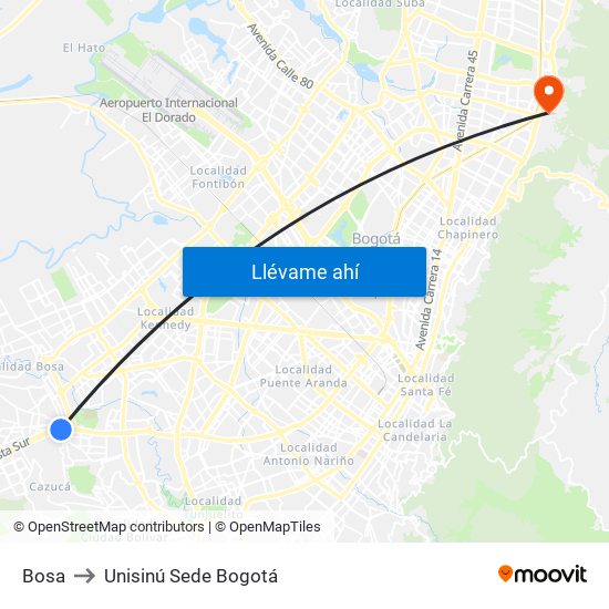 Bosa to Unisinú Sede Bogotá map