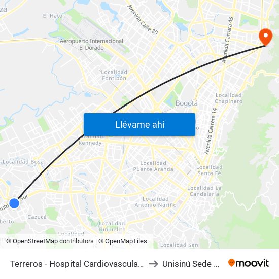 Terreros - Hospital Cardiovascular (Lado Sur) to Unisinú Sede Bogotá map