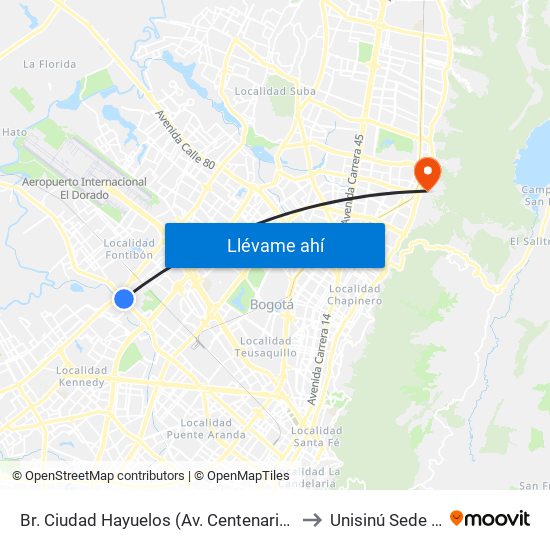 Br. Ciudad Hayuelos (Av. Centenario - Av. C. De Cali) to Unisinú Sede Bogotá map