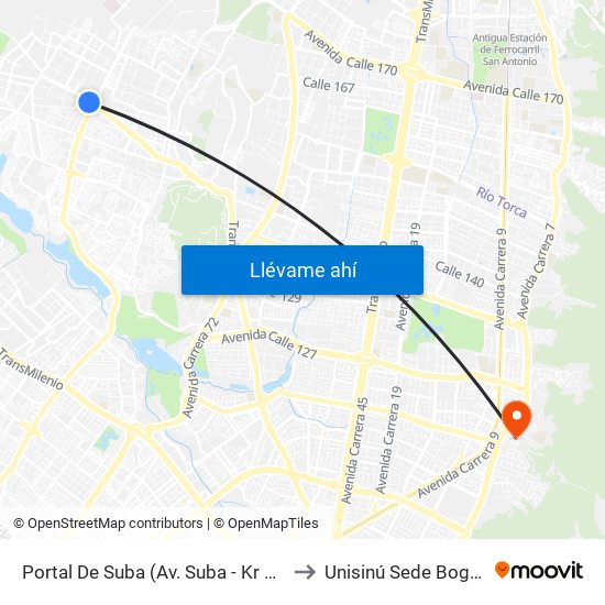 Portal De Suba (Av. Suba - Kr 106) to Unisinú Sede Bogotá map