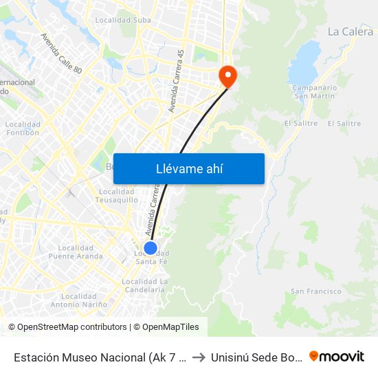 Estación Museo Nacional (Ak 7 - Cl 29) to Unisinú Sede Bogotá map