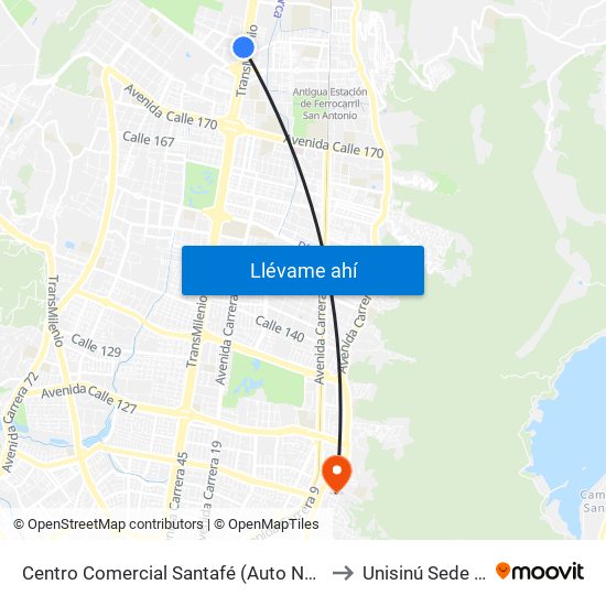 Centro Comercial Santafé (Auto Norte - Cl 187) (B) to Unisinú Sede Bogotá map