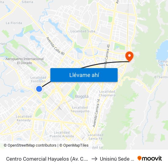 Centro Comercial Hayuelos (Av. C. De Cali - Cl 20) to Unisinú Sede Bogotá map