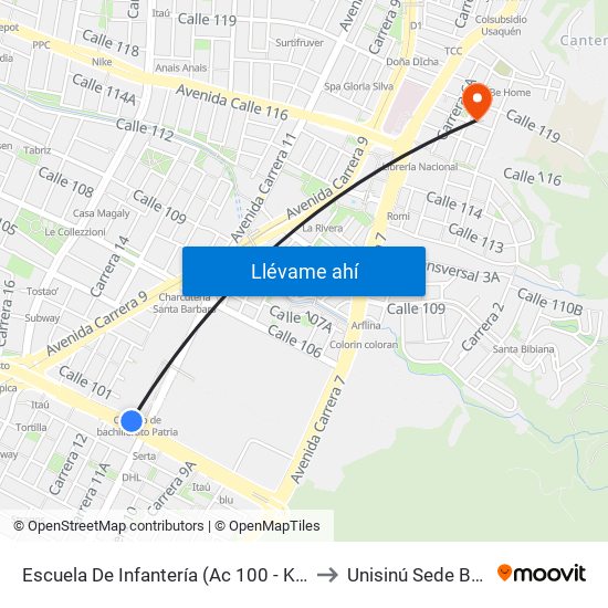 Escuela De Infantería (Ac 100 - Kr 11a) (B) to Unisinú Sede Bogotá map