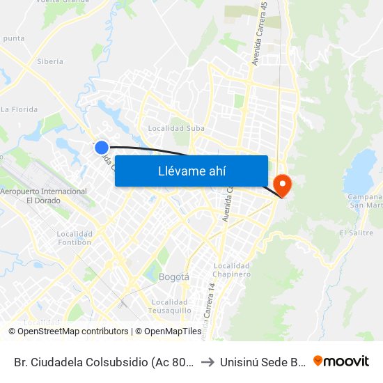 Br. Ciudadela Colsubsidio (Ac 80 - Kr 112a) to Unisinú Sede Bogotá map