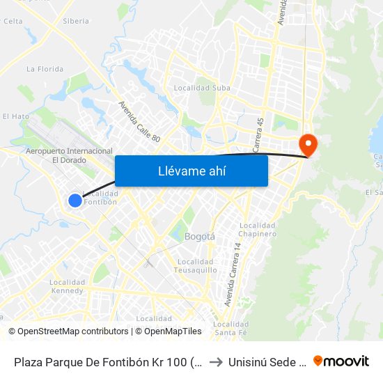 Plaza Parque De Fontibón Kr 100 (Kr 100 - Cl 17a) to Unisinú Sede Bogotá map