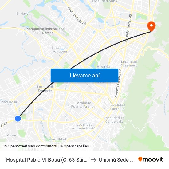 Hospital Pablo VI Bosa (Cl 63 Sur - Kr 77g) (A) to Unisinú Sede Bogotá map