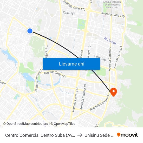 Centro Comercial Centro Suba (Av. Suba - Kr 91) to Unisinú Sede Bogotá map