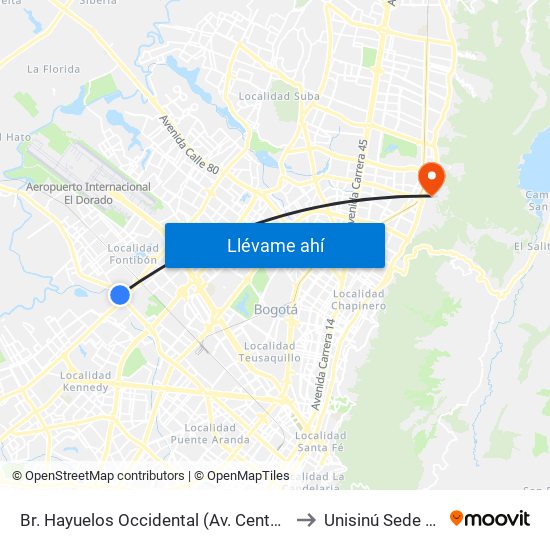 Br. Hayuelos Occidental (Av. Centenario - Kr 87) to Unisinú Sede Bogotá map