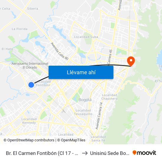 Br. El Carmen Fontibón (Cl 17 - Kr 100) to Unisinú Sede Bogotá map