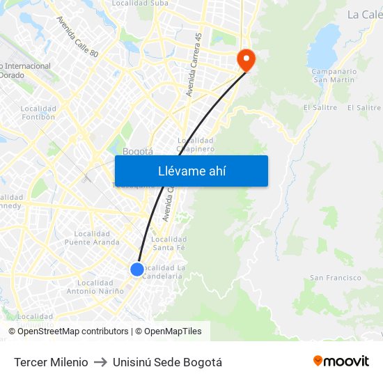 Tercer Milenio to Unisinú Sede Bogotá map