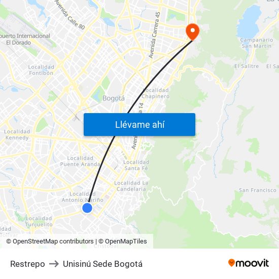 Restrepo to Unisinú Sede Bogotá map