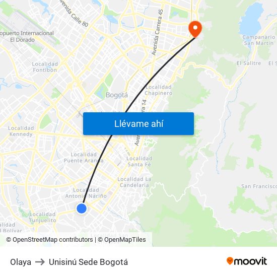 Olaya to Unisinú Sede Bogotá map