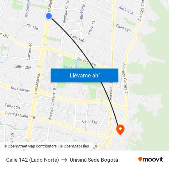 Calle 142 (Lado Norte) to Unisinú Sede Bogotá map