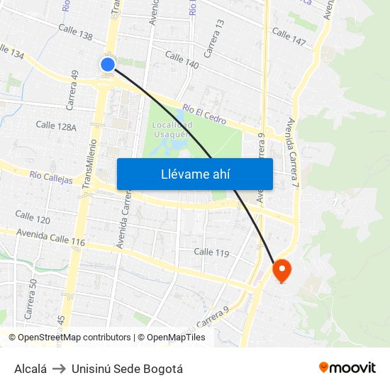 Alcalá to Unisinú Sede Bogotá map