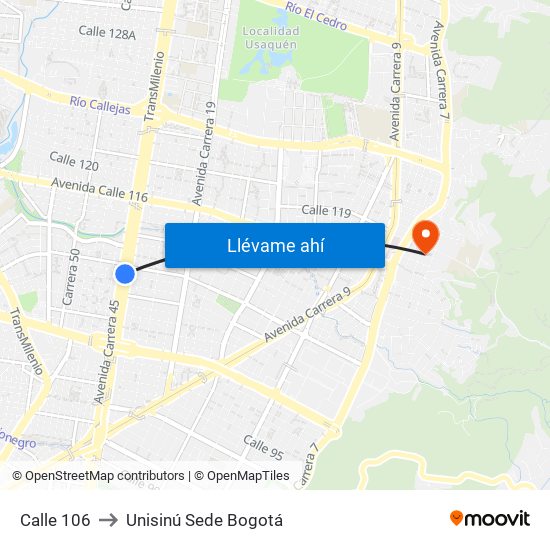 Calle 106 to Unisinú Sede Bogotá map