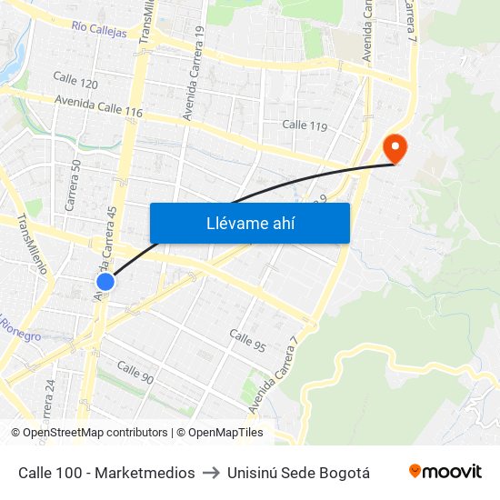 Calle 100 - Marketmedios to Unisinú Sede Bogotá map