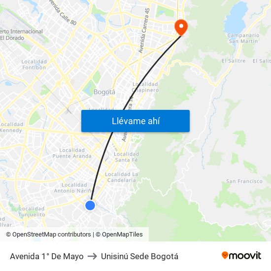 Avenida 1° De Mayo to Unisinú Sede Bogotá map