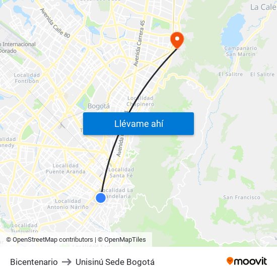 Bicentenario to Unisinú Sede Bogotá map