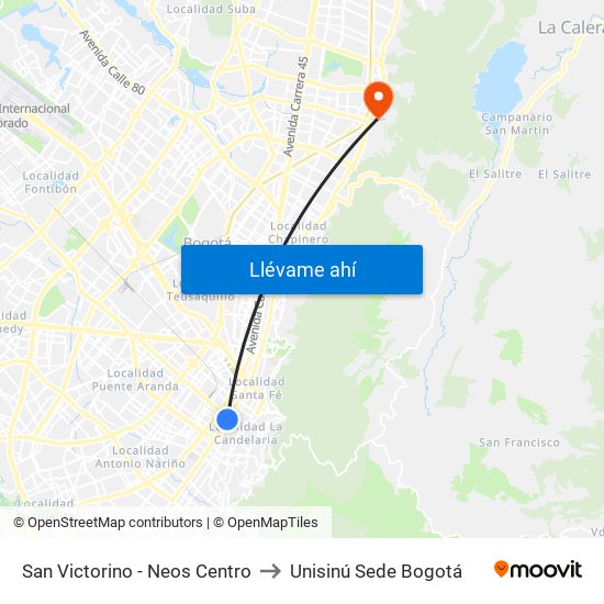 San Victorino - Neos Centro to Unisinú Sede Bogotá map